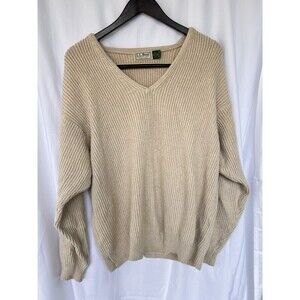 VTG LL Bean Linen Blend Sweater Men’s Medium Cream V Neck Classic Pullover Prep